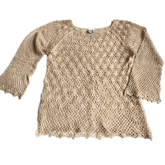 Style Crochet Top 3/4 Sleeves Ecru Beige Size Small See Through Countrycore - Picture 3 of 6